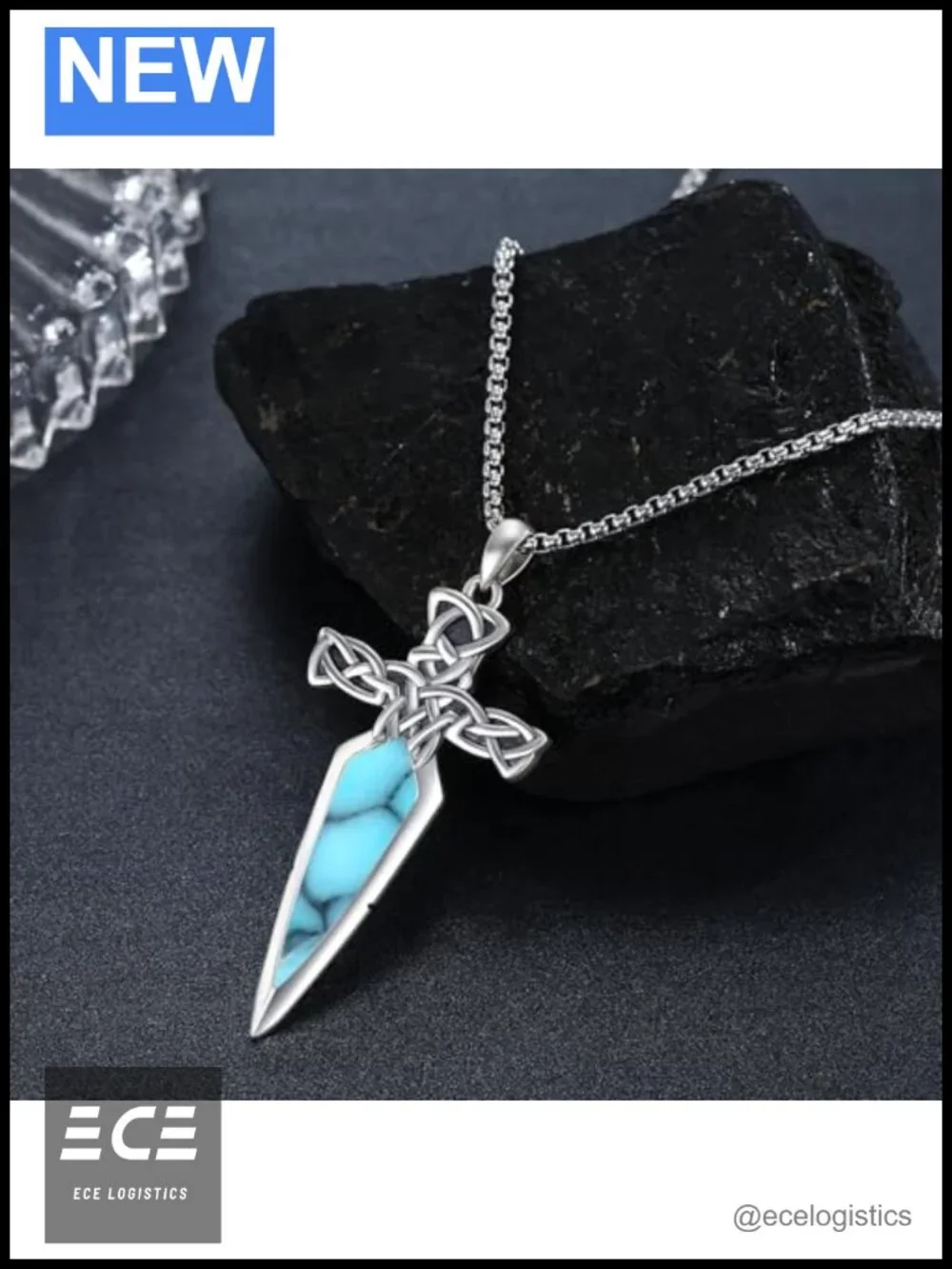 925 Sterling Silver Sword Necklace Turquoise Dagger Pendant Celtic Knot 22+2
